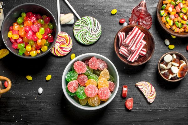 Different sweet candy, jelly and candied in a bowl.